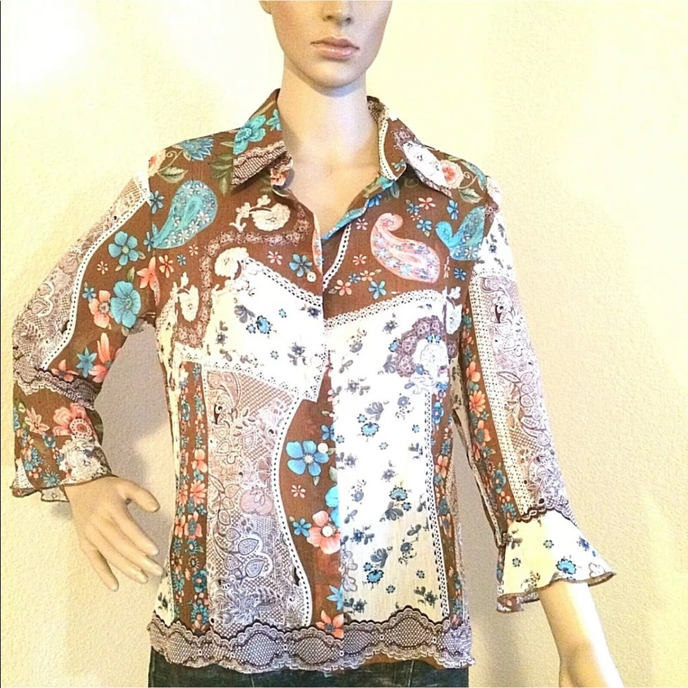 LE GRANGE Womens Semi Sheer Buttoned Down Shirt Size Medium multi color